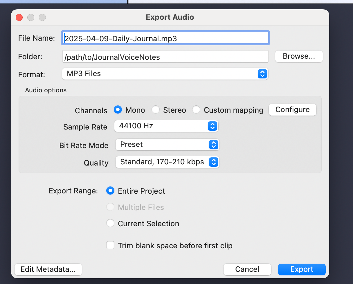 Export audio from Audacity
