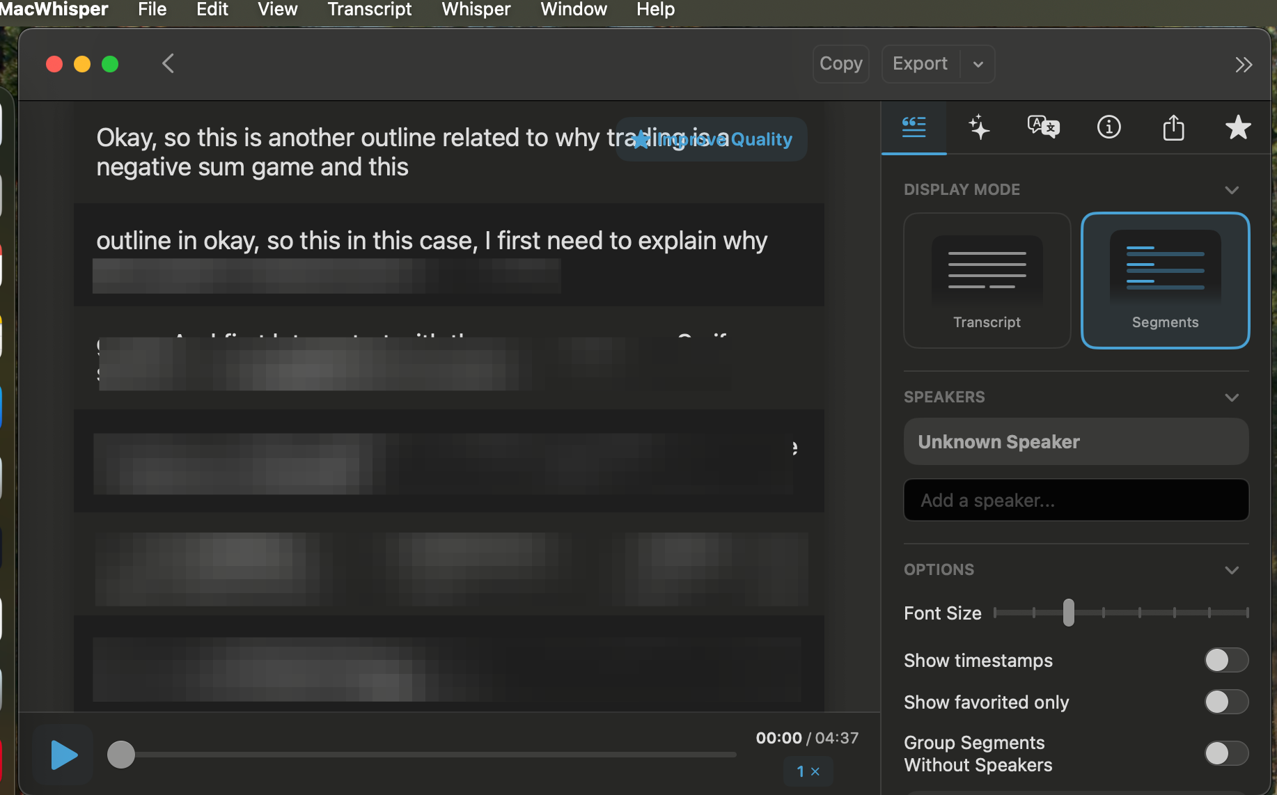 Audio Blog outline being transcribed using MacWhisper