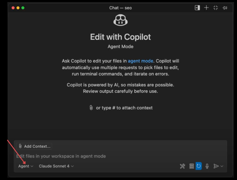 Selecting Agent mode with Copilot