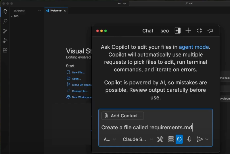 Empty directory. Asking the agent to create a requirements markdown file.