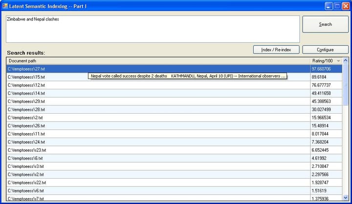 Simple search query w.r.t. contents in the sample. Show the matching documents. Rank approximation: 35% of collection